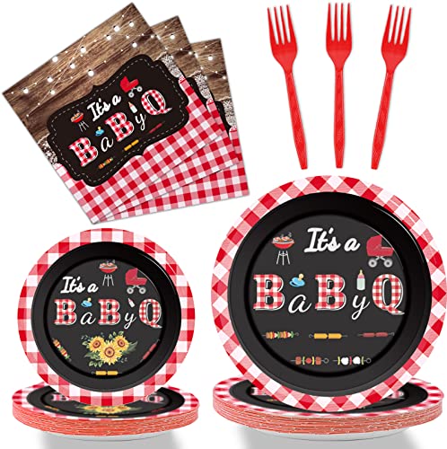 Tevxj 96 PCS BBQ Baby Shower Plates Napkins BabyQ Party Tableware It’s A Baby Q Disposable Paper Plates Napkins Sunflower Rustic Barbecue Gender Reveal Baby Shower Party Decorations Supplies Favors - style: BBQ