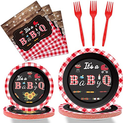 Tevxj 96 PCS BBQ Baby Shower Plates Napkins BabyQ Party Tableware It’s A Baby Q Disposable Paper Plates Napkins Sunflower Rustic Barbecue Gender Reveal Baby Shower Party Decorations Supplies Favors - style: BBQ