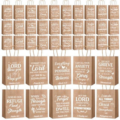 Chiisong 100 Pcs Christian Gift Bags, Fathers Day Religious Bible Verse Treat Bags with Handles Inspirational Church Scripture Bag for Women Wedding Baptism Birthday Party Favor(Kraft with White) - color: Kraft with White