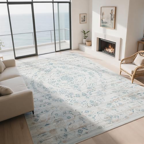 8x10 Boho Washable Area Rugs for Living Room,Bedroom,Dining Room - color: Milky White-light Blue-light Brown, size: 8' x 10' (Rectangular)