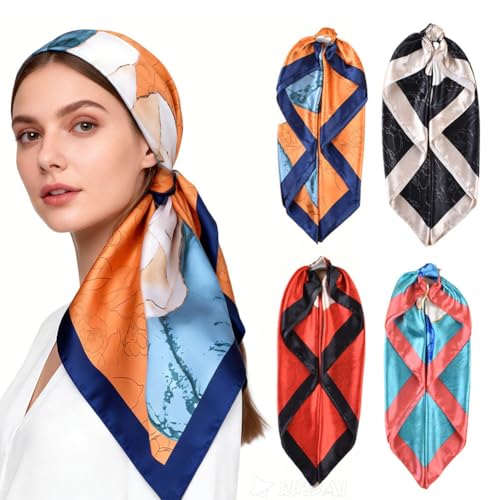 4Pcs Silk Head Scarves for Women Satin Hair Scarf 35”Large Square Bandana Silk Like Neck Scarf Shawl - color: Blue/Black/Red/Orange