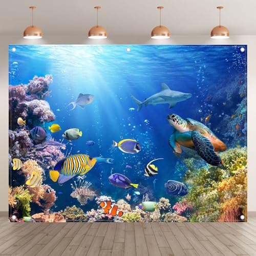 8x6ft Under The Sea Photography Backdrop Ocean Background | Underwater World, Baby Shower Party Supplies, Aquarium Coral Banner, Birthday Photo Booth, Polyester, Grommets, 1PC - size: 8'x6'