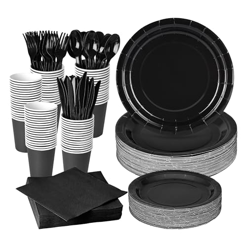 350 Pcs Black Disposable Plates and Napkins Tableware Set for 50 Guests - color: Black