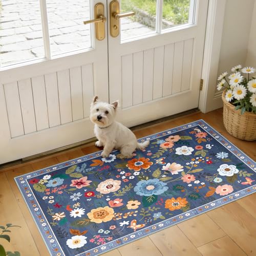 Floral Washable 2x4 Area Rugs Runner Entryway Hallway Blue/Grey - color: Blue/Grey, size: 2' x 4' (Runner)