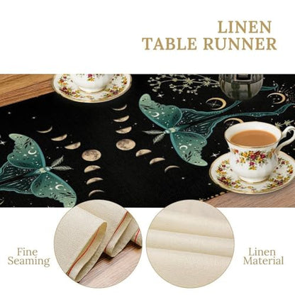 Beautiful Moth Table Runner, Moon Phase Plant Mushroom Butterfly Gothic Witchy Celestial Boho Table Runner for Home Kitchen Dining Patio Holiday Party 13x36in - color: Moth-1, size: W13''xL36''