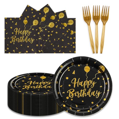 150PCS Happy Birthday Paper Plates and Napkins - 7 Inch Black Gold Dot Paper Plates and 6.5 Inch Napkins with 6.3 Inch Gold Forks Disposable Tableware Set for Birthday Party Decorations, Serves 50 - color: Black Gold, size: 7inch-150pcs