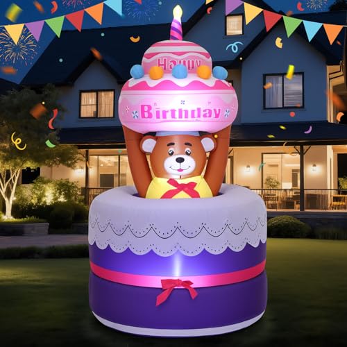 Lewondr 6FT Inflatable Birthday Cake Outdoor Decorations, Automatic Lifting Bear, Waterproof Blow Up Happy Birthday Decor with Candle 4 LED Lights for Outdoor Indoor Party Garden Yard Lawn - style: Lifting Bear