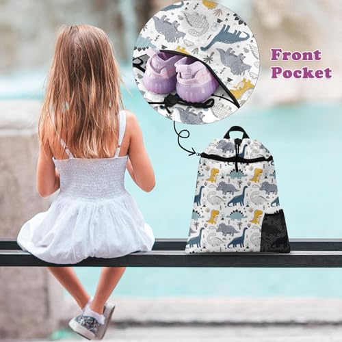 Cute Sketch Dinosaur Drawstring Backpack, 15” x 17” Waterproof Swim Bag for Beach Swimming Pool, Lightweight Foldable Gym Bag with Water Bottle Holder for Sports Travel - color: Cute Dinosaur