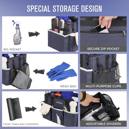 SCAVATA Wearable Caddy Bag, Cleaning Supplies Organizer With Handle & Shoulder Straps for Housekeepers, Under Sink & Car Tool Organizers With 4 Foldable Divider (NavyBlue) - color: NavyBlue