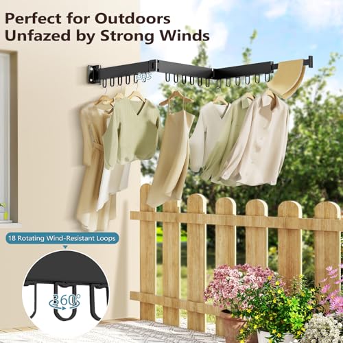 JAUREE Clothes Drying Rack Wall Mounted, Space-Saving Drying Rack Clothing, Collapsible Foldable Retractable Laundry Rack with 18 Hooks, Indoor/Outdoor, Black - color: Black