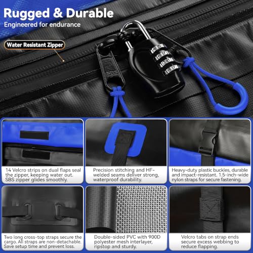 MARCHWAY Waterproof Car Roof Luggage Bag, Weatherproof Soft Shell Rooftop Cargo Carrier Bag for Vehicles with or Without Rack. 6 Door Hooks, Anti Slip Mat, Lock Included (21 Cubic Feet, Blue) - size: 21 Cubic Feet, Blue