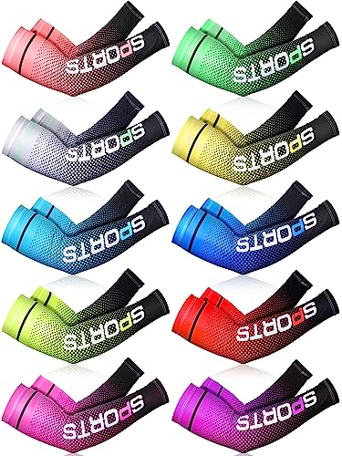 Tisancy 10 Pairs Sun Protection UV Arm Sleeves Cooling Anti Slip Compression Sleeves Sports Polyester Cycling Covers - size: Medium, style: Bright Style