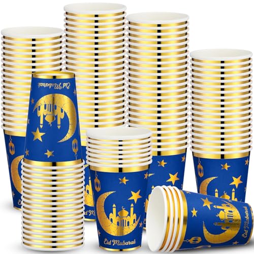 Domensi 100 Pack Eid Mubarak Paper Cups Ramadan Muslim Disposable Coffee Cups Bulk Gold Foil Hot Cold Drinking Party Supplies for Eid Islamic Al Adha Decorations(Blue) - color: Blue