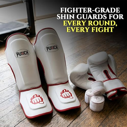 Punch Sports Martial Arts Shin Guards with Instep Protection – Lightweight Artificial Leather Shin & Leg Protector with Double Straps, Foam Padding for MMA, Kickboxing & Muay Thai - size: Large