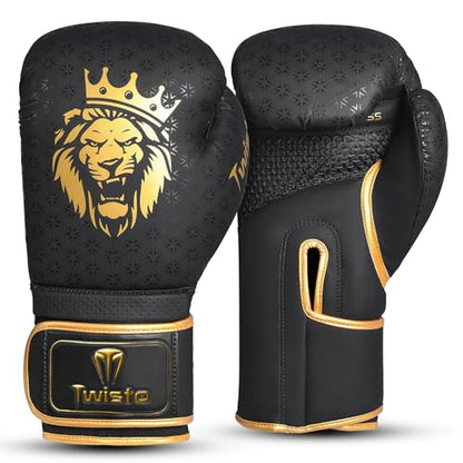 Twisto Boxing Gloves Black Rox - Pro Training & Sparring, Maya Hide Leather, Muay Thai, MMA, Kickboxing, Men, Women, Adults, Heavy Punching Bag, Focus Mitts, Pads,10oz 12oz 14oz 16oz - color: Golden, size: 14 oz