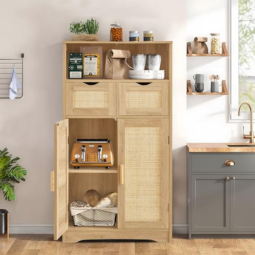 Iwell Storage Cabinet with 2 Drawers & Adjustable Shelves, Rattan Cabinet, Kitchen Pantry Cabinets, Cupboard for Living Room, Kitchen, Home Office, Natural SNG008NR - color: Natural