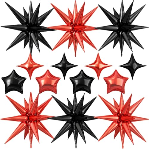 14PCS Black Red Star Balloons, 22Inch Explosion Stars & 10Inch Foil Balloon - color: Black Red