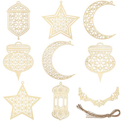 9 Pieces Wooden Pendant Ornament Ramadan Kareem Hollow Decoration Moon Star Wind Light Shape Pendant Ornament Happy Eid Hanging Sign for Ramadan Mubarak Eid Party Decorations