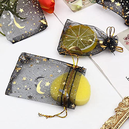 SUMAJU 100 Pieces Moon Star Organza Jewelry Candy Bags 2.7x3.5 Inch - color: Black 2.7x3.5 Inch
