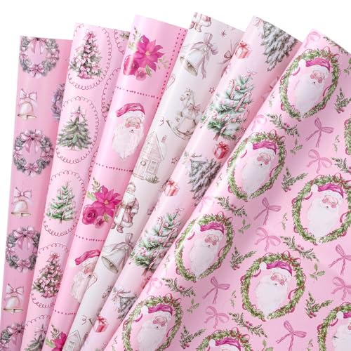 RUSPEPA Christmas Wrapping Paper Sheets for Girls, Pink Vintage Santa Claus, Christmas Tree, Bell, Wreaths and Car Design, Elegant Gift Wrap for Xmas Holiday, 6 Folded Sheets, 19.68 X 27.5 Inch - color: Pink Christmas