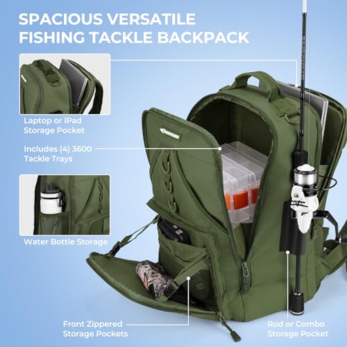 KastKing KarryAll Fishing Backpack with Rod Holder 4 Tackle Boxes, 40/26L | Tackle Bag Storage Fishing Gear and Equipment, Water‑Resistant Material, Fishing Gift for Men - color: F: Medium (26 L) - Green