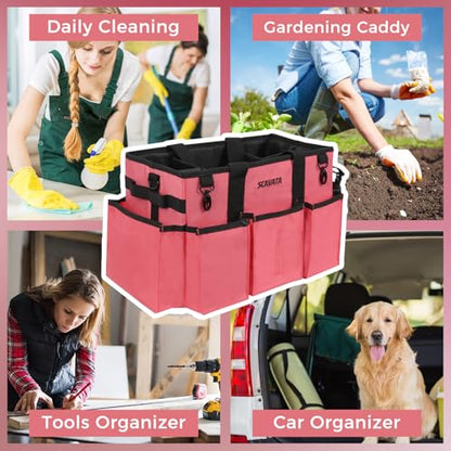 SCAVATA Wearable Cleaning Caddy Bag, Cleaning Caddy Supplies Organizer with Handle & Shoulder Straps for Housekeepers, Under Sink & Car Cleaning Tool Organizers with 4 Foldable Divider (RoseRed) - color: RoseRed