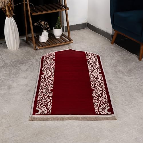 Modefa Turkish Islamic Prayer Mat - Chenille with Foam and Carrying Bag - Intricate Praying Rug Ramadan Eid Gift - Traditional Muslim Janamaz Seccade for Men Women - Mustaqim (Red) - color: Red