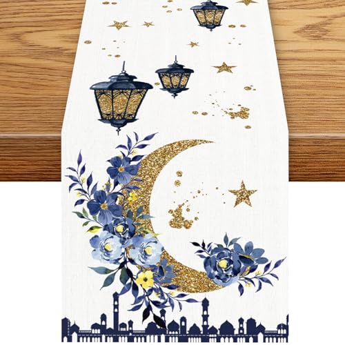 Moon Floral Table Runner, Rustic Ramadan Kareem Blue Golden Moon Floral Star Mubarak Eid Coffee Table Center Decor for Kitchen Dining Holiday Home Outdoor Party Table Decorations, 13"x36" - color: Ramadan-1, size: 13“ X 36"
