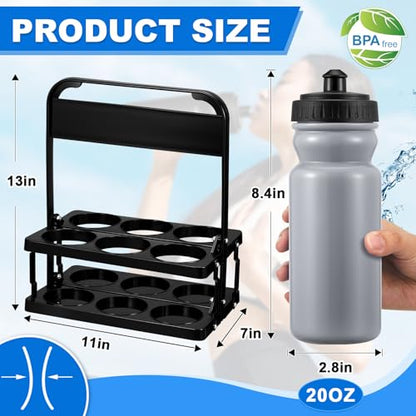Suclain Water Bottle Carrier with 20 Oz Bottles and Stickers Plastic Wide Mouth Sports Water Bottle Squeeze Team Bottles with Black Lid for Fitness Bike Gym(14 Pcs,Grey) - color: Grey