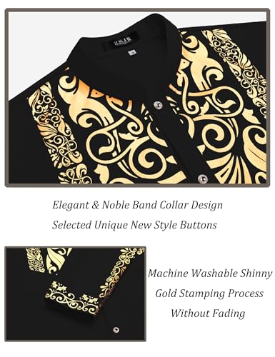 Mens African 2 Piece Sets Dashiki Metallic Traditional Suit Gold Stamp Printed Shirt and Pants Outfit - color: Black, size: XX-Large