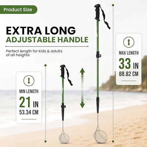 VOS Sand Sifter 2-Pack | Adjustable Handle 21"–33" | Stainless Steel Beach Scoop for Seashells, Shark Teeth & Sea Glass | Lightweight Aluminium, Rust-Resistant – Green - color: Green