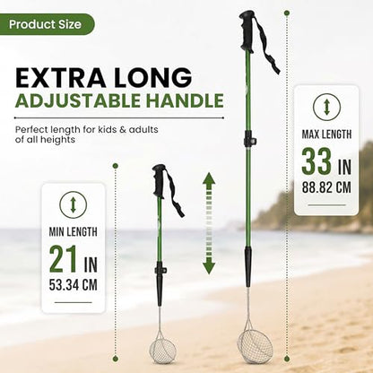 VOS Sand Sifter 2-Pack | Adjustable Handle 21"–33" | Stainless Steel Beach Scoop for Seashells, Shark Teeth & Sea Glass | Lightweight Aluminium, Rust-Resistant – Green - color: Green
