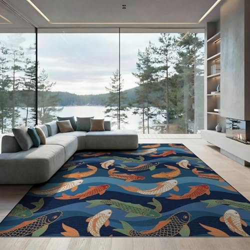 8'x10' Washable Asian Koi Fish Large Rug, Navy Blue Non-Shedding Pet Friendly Carpet Foldable Easy Care Mat for King Size Bedroom, Master Suite, Under Bed | Ref:1885305 - color: Blue/Pattern 12, size: 8' x 10' (Rectangular)