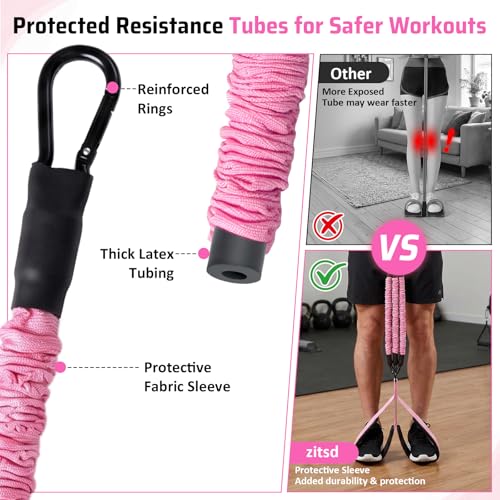 Multifunction Resistance Bands with Handles, Upgraded Dual D-Ring | 3-Tube Adjustable Resistance: 30/60/90 LB | Beech Wood Handle | Wide Foot Pedals | for Abdomen, Waist, Arm, Leg, Pilates - color: Pink