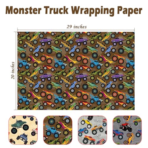 Cuitpan Monster Trucks Wrapping Paper for Kids Birthday Baby Shower - Gift Wrap with Monster Trucks, Checkered Flag Designs - 20 x 29 Inches, 8 Folded Sheets, Recycled… - color: Gray-Monster Trucks