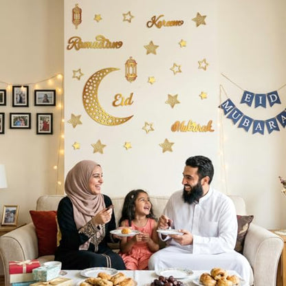 Geelin 23 Pcs Ramadan Decorations for Home 2026 Eid Ramadan Kareem Mubarak Wall Decor Islamic Wooden Gold Moon Star Lantern Wall Art Sign for Living Room Bedroom Muslim Arabic Party Supplies (Eid) - style: Eid