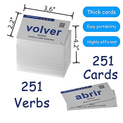 Docdeer 251 Spanish Verbs Learning Flash Cards for Beginners, Adults & Children - Spanish to English Flashcards, Medium, White