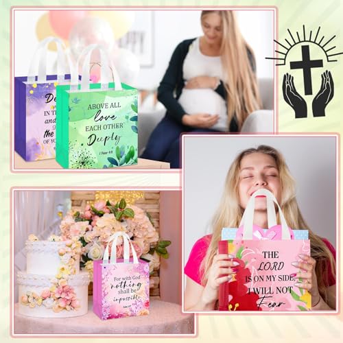 HunnmingRe Christian Gift Bags Bulk, Reusable Flower Religious Bible Verse Tote with Handles Non Woven Scripture Pastor Blessing Gift for Baptism Church Wedding Favors(32 Pcs,Flower) - style: Flower
