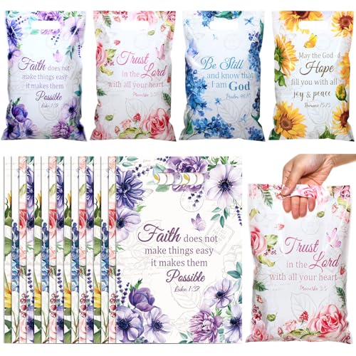 Pasimy 100 Pcs Christian Gift Bags Floral Bible Verse Plastic Treat Bags