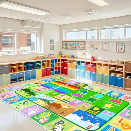 Kids Rugs for Bedroom, Playroom, 6x8 Ft Large Educational ABC Rug with Alphabet ABC Numbers Animals Seasons Fruits, Non-Slip Play Mat Carpet for Bedroom, Boys Girls Learning Floor Mat - color: Multi 989 Green, size: 6' x 8' (Rectangular)