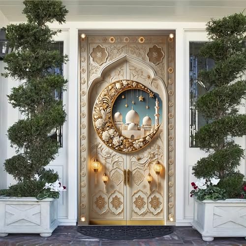 Ramadan Door Cover Banner 71x35 Inch Crescent Moon Mosque Gold Lantern Design EidMubarak lslamic Decoration for Ramadan Kareem indoor Outdoor Front Door Home Decor - color: Style 3