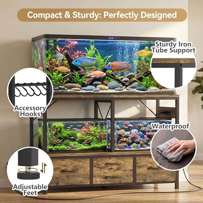 Heybly 55-75 Gallon Fish Tank Stand, Aquarium Stand with Drawer, Power Outlet, Heavy Duty Metal Frame, for Fish Tank, Turtle & Reptile Terrarium, 36.2" L × 18.1" Top, 660lbs(Top)+400lbs(Mid), Rustic Brown HAS005SR - color: Rustic Brown, size: 55-75 gal