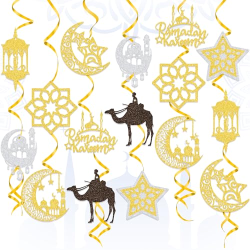 38PCS Ramadan Mubarak Decorations Umrah Mubarak Hang Swirl Star Moon Lantern Decor Sign for Eid Festival Muslim Islam Party Decoration Supplies