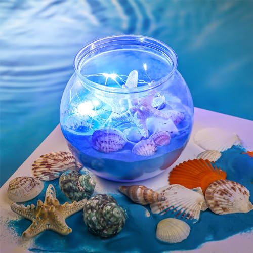 RoundFunny 12 Set 30 oz Beach Themed Party Table Centerpieces 4" Heavy Duty Round Plastic Fish Bowls Mixed Beach Natural Seashell Starfish with Blue Lights for Wedding Baby Shower Ocean Party Supplies