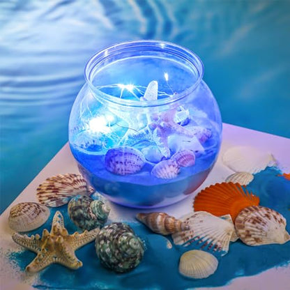 RoundFunny 12 Set 30 oz Beach Themed Party Table Centerpieces 4" Heavy Duty Round Plastic Fish Bowls Mixed Beach Natural Seashell Starfish with Blue Lights for Wedding Baby Shower Ocean Party Supplies