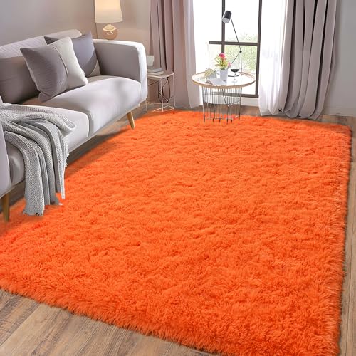 Soft Shag Rugs for Bedroom, Fluffy Washable 4x6 Orange - color: Orange, size: 4' x 6' (Rectangular)