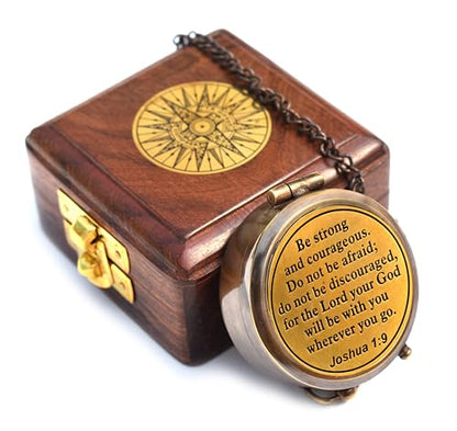 Be Strong and Courageous (Joshua 1:9) Brass Compass with wooden Box-Engraved Scripture Prayer Compass Religious Gift for Men & Women - Baptism, Confirmation, Communion Compass for Boys Graduation Gift - style: #2 Be Strong and Courageous Compass (Joshua 1