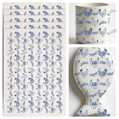 SUPERDANT 5PCS Hen Leaves Underglaze Paper Transfer Animals Transfer Papers for Clay Ceramic Porcelain Under Glaze Transfers for Pottery Enamel Decals Blue Underglaze Decal Handcrafted Gifts - style: Hen