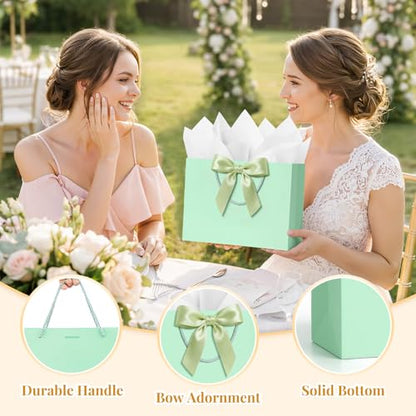 ANZNKU 2PCS Green Gift Bags with Handles, Cute Medium Gift Bags with 4 Tissue Paper 2 Ribbons 2 Cards for Wedding Bridal & Baby Shower Graduation Birthday Engagement Party Favors Present Wrapping - color: Mint Green