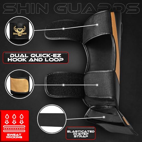 BEAST RAGE MMA Martial Arts Shin Guards for Kickboxing Adjustable Muay Thai, Padded Martial Arts Shin Pads Leg Guard with Instep Sleeves MMA Training BJJ Karate Boxing Taekwondo - color: GOLDEN, size: X-Large
